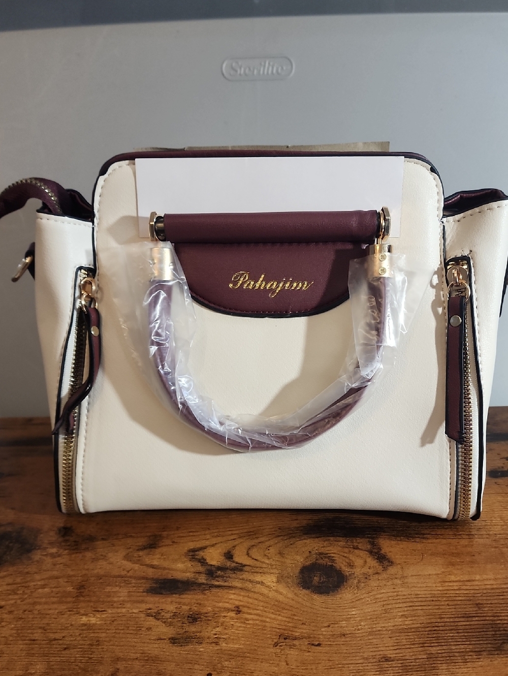 Cream and Burgundy Structured Satchel by